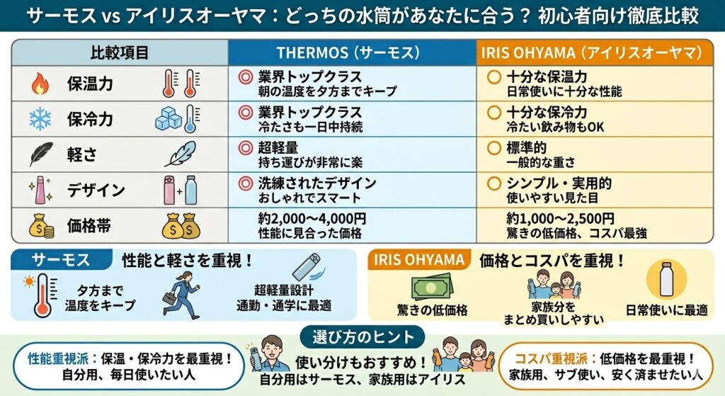 サーモスとアイリスオーヤマの水筒を徹底比較